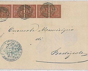 37931  ITALIA REGNO:  Sass T15 striscia da 5 su CIRCOLARE annullo Nuvolento 1885