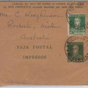 39440    ARGENTINA -  POSTAL HISTORY - NEWSPAPER WRAPPER to ASUTRALIA ! 1930'S