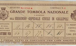 60702 - BIGLIETTO / CARTELLA TOMBOLA d'Epoca - GALLIPOLI  1926   Ospedale CIVILE