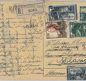 53596 - REPUBBLICA - INTERO POSTALE con francobolli LAVORO - RACCOMANDATA 1951