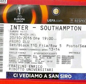 C1022 - Vecchio BIGLIETTO PARTITA CALCIO - 2016  INTER VS SOUTHAMPTON