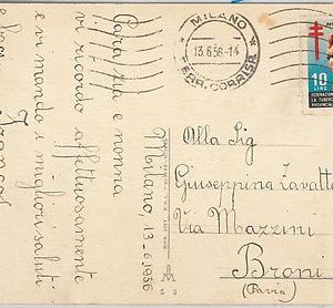 56734 - MEDICINE : Tuberculosis - ITALY - LABEL used on POSTCARD as stamp 1956