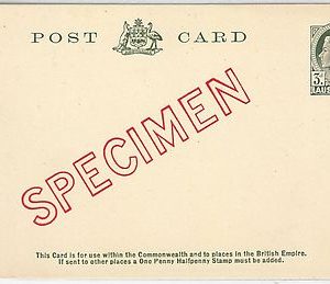 AUSTRALIA -  POSTAL STATIONERY CARD 3d. overprinted SPECIMEN