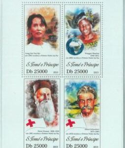 M1618 - S TOME & PRINCIPE -  2013  ERROR MISPERF stamp SHEET:  Nobel, Red Cross