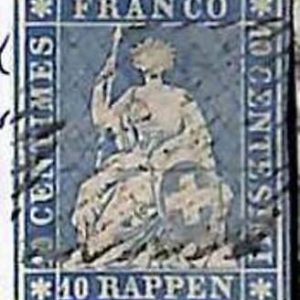 94993bA - SWITZERLAND - STAMP - Zumstein # 23a  Green Thread  / Thin Paper USED