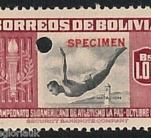 51040c  COLOMBIA -   SPORT: 1948 stamp overprinted SPECIMEN:  SWIMMING Diving