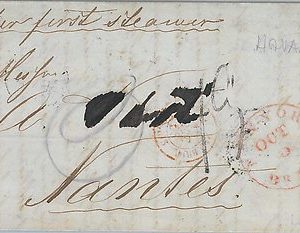 POSTAL HISTORY Prefilatelic COVER from HABANA to NANTES France 1853 via NEW YORK