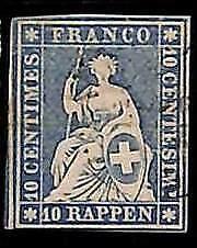 94993cG - SWITZERLAND - STAMP - Zumstein # 23 Green Thread  / Medium  Paper USED
