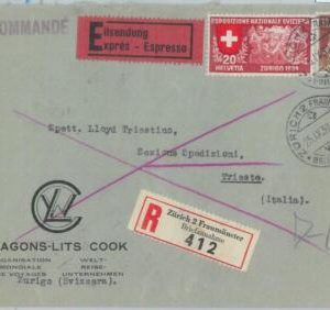 82197  - SWITZERLAND - Postal History - REGISTERED COVER  to ITALY  1939