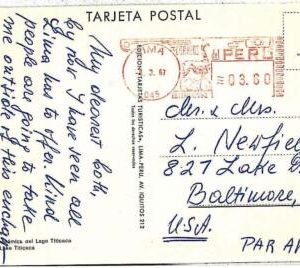 17489 - PERU - Postal History - Mechanical RED POSTMARK on POSTCARD to USA 1967