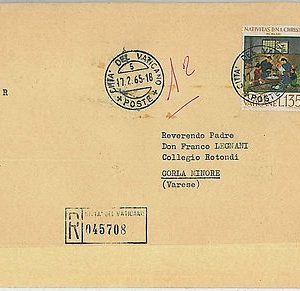 30085  VATICANO : STORIA POSTALE postal history COVER BUSTA raccomandata 1965