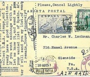 12005 - SPAIN España -  POSTAL HISTORY - COVER - REGISTERED POSTCARD to the USA