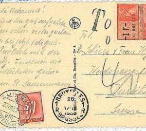 30968 BELGIUM - POSTAL HISTORY: postcard to Switzerland TAXED on arrival 1938