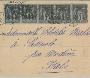 75176 - FRANCE - Postal History - Yvert 83b strip of 5 on POSTCARD to ITALY 1899