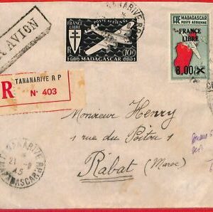aa4655 - MADAGASCAR - POSTAL HISTORY - REGISTERED COVER to MOROCCO 1945 Customs