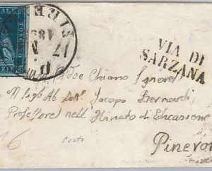 ANTICHI STATI - TOSCANA: Sassone 7c  su piccola BUSTA da FIRENZE a Pinerolo 1853