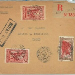 74736 - MADAGASCAR - POSTAL HISTORY - REGISTERED COVER Maintirano to FRANCE 1936