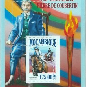 M1477 - MOZAMBIQUE,ERROR, 2013 MISSPERF SHEET: P. de Coubertin, Horses, Olympics