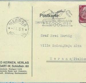 68230 - GERMANY - POSTAL HISTORY - CARD: 7.1..1936 Olympic postmark: Stuttgard