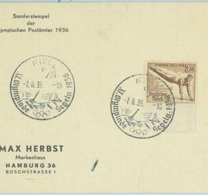 68248 - GERMANY - POSTAL HISTORY - CARD:  7.8.1936 Olympic postmark: KIEL c