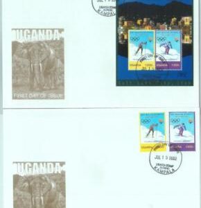 83817 - UGANDA  - 2 FDC Cover 2002 Winter OLYMPIC GAMES Nordic + Ski jumping