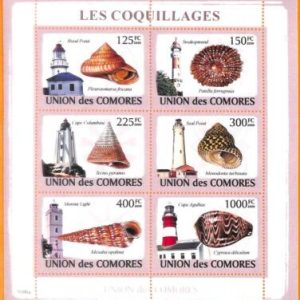 A5622 - COMOROS - ERROR, 2009, MISPERF MINIATURE SHEET: Sea Shells, Lighthouses