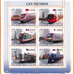 A5608 - COMOROS - ERROR, 2008, MISPERF MINIATURE SHEET: Metros, Trains, Flags