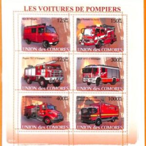 A5610 - COMOROS - ERROR, 2008, MISPERF MINIATURE SHEET: Firetrucks. Fire Engines