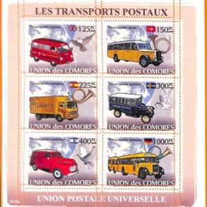 A5606 - COMOROS - ERROR, 2008 MISPERF MINIATURE S: Postal Vehicles, Autos, Flags