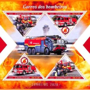 A6705 - SAO TOME & PRINCIPE, Error, 2020, MISSPERF MINIATURE SHEET: Fire trucks