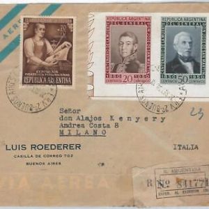 48020  - ARGENTINA -  POSTAL HISTORY -  REGISTERED AIRMAIL COVER to ITALY 1950