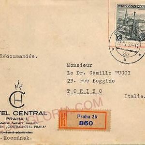 ad5875 - CZECHOSLOVAKIA - Postal History -  Registered HOTEL COVER to ITALY 1937
