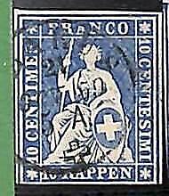 94991eA - SWITZERLAND - STAMP - Zumstein # 23 Green Thread  / Thick Paper USED