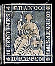 94993cD - SWITZERLAND - STAMP - Zumstein # 23 Green Thread  / Medium  Paper USED