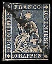94993cE - SWITZERLAND - STAMP - Zumstein # 23 Green Thread  / Medium  Paper USED