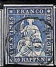 94991eB - SWITZERLAND - STAMP - Zumstein # 23 Green Thread  / Thick Paper USED