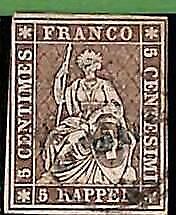 95013aC - SWITZERLAND  - STAMP - Zumstein # 22G Green Thread - Very Fine USED