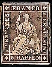95013bB - SWITZERLAND  - STAMP - Zumstein # 22D Black  Thread - Very Fine USED