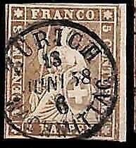 95013bF - SWITZERLAND  - STAMP - Zumstein # 22D Black  Thread - Very Fine USED