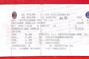 C1271 - Vecchio BIGLIETTO PARTITA CALCIO - 2008  MILAN
