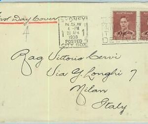 BK0347 - AUSTRALIA - Postal History - FDC COVER to ITALY 1938 Seven Seas # 136