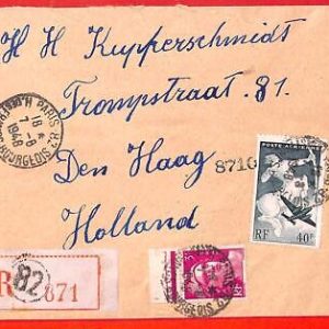 aa0823 - FRANCE - Postal History - REGISTERED AIRMAIL COVER to NETHERLANDS 1948