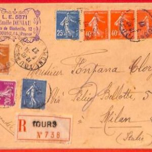 aa0828 - FRANCE - Postal History - REGISTERED AIRMAIL COVER to ITALY 1927 Ceres