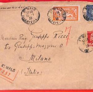 aa0831 - FRANCE - Postal History - REGISTERED COVER to ITALY 1928 Mixed franking