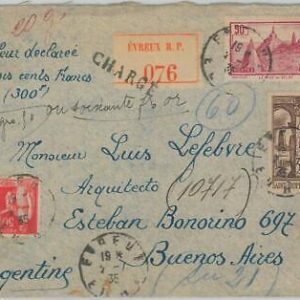 69923 - FRANCE - POSTAL HISTORY - REGISTERED COVER from EYREUX to ARGENTINA 1935