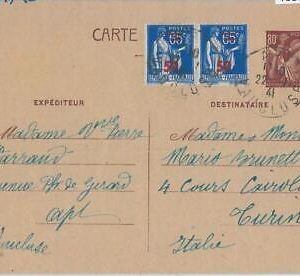 75149 - FRANCE - Postal History - STATIONERY CARD added stamps to ITALY 1941