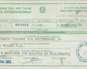 74498 - USA  - POSTAL HISTORY -  INTERNATIONAL payment from Italy - Vaglia 1983