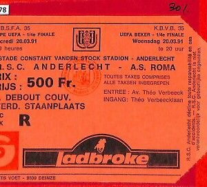 C1378 - Vecchio  BIGLIETTO PARTITA CALCIO - UEFA  1991  Anderlecht  vs   Roma