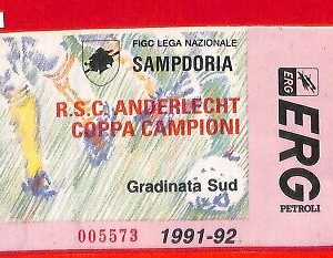 C1522 - Vecchio  BIGLIETTO PARTITA CALCIO - Champions 1991 Sampdoria  Anderlecht