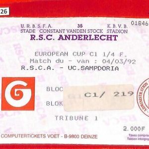 C1526 - Old FOOTBALL MATCH TICKET - 1992 Anderlecht vs Sampdoria